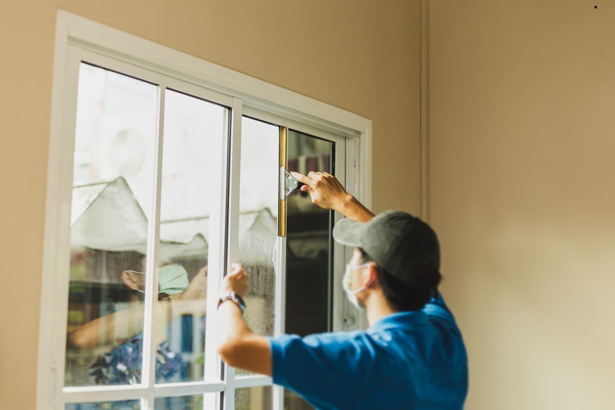 A worker in a blue shirt and mask cleans a window with a squeegee, focusing on the glass while inspecting the surrounding area.