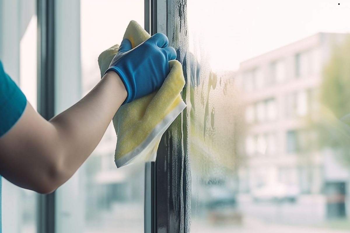 A person's gloved hand uses a yellow cloth to wipe condensation off a large window, revealing a bright, modern urban backdrop.