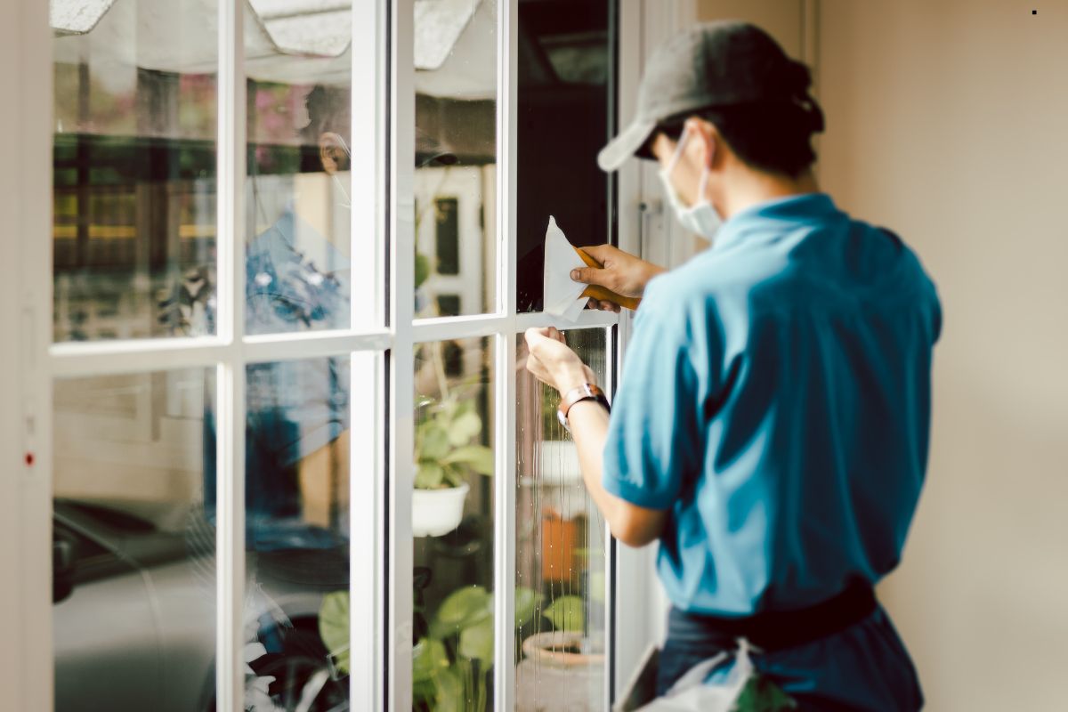 A person in a blue shirt cleans a window with a cloth, surrounded by plants and bright natural light